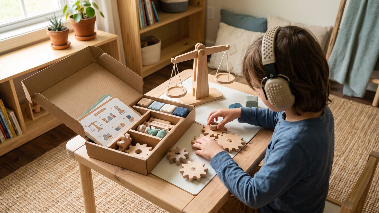 Child wearing headphones assembling wooden gears from an open sensory-friendly STEM subscription box