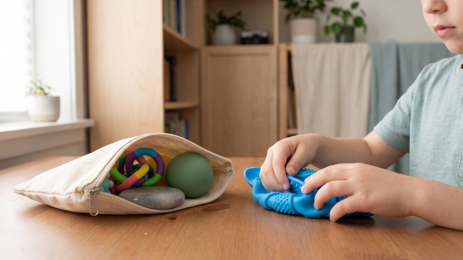 Child playing with a textured sensory toy next to a travel pouch filled with colorful fidget tools on a table