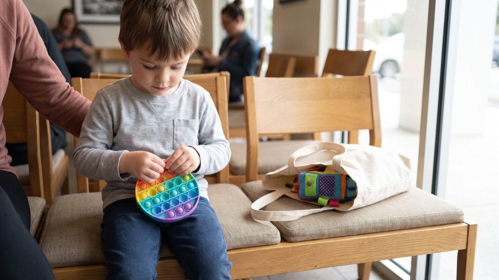 Young boy sitting on a waiting room bench quietly pressing bubbles on a rainbow pop-it sensory toy
