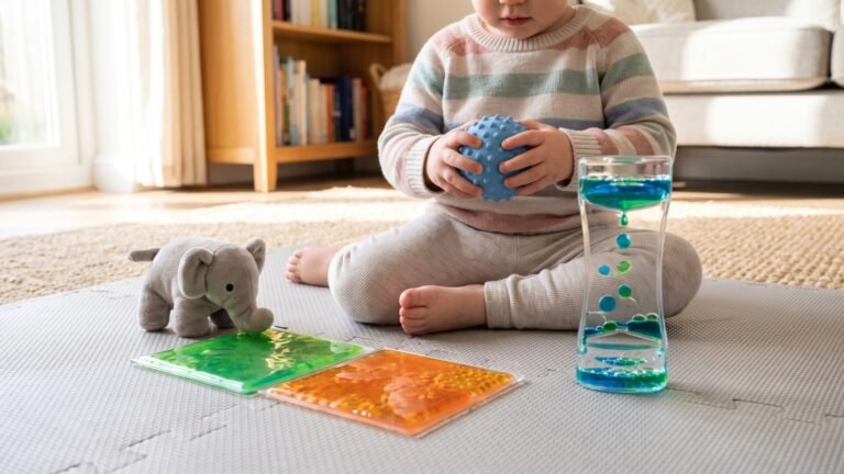 Toddler holding a textured sensory ball surrounded by colorful liquid pads and a liquid motion bubbler timer