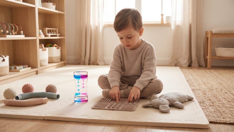 Young boy exploring a textured sensory mat and liquid timer on a calm playroom floor