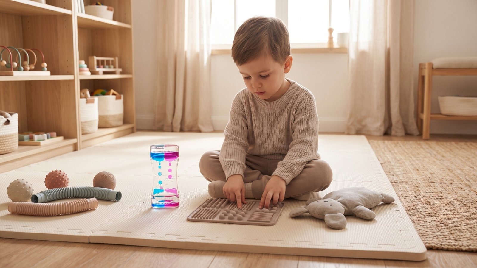 Young boy exploring a textured sensory mat and liquid timer on a calm playroom floor