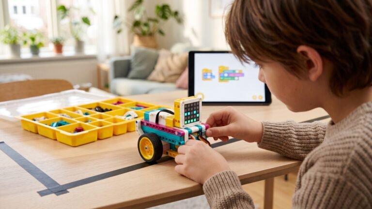 Child adjusting a Spike Prime wheeled robot on a wooden desk next to a coding tablet and parts tray