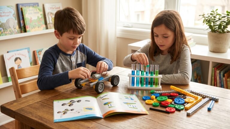 Two children assembling a motorized robotic car and working with a colorful chemistry test tube kit at a table