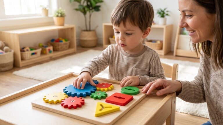 Young boy exploring a colorful wooden gear and shape puzzle on a table alongside an adult