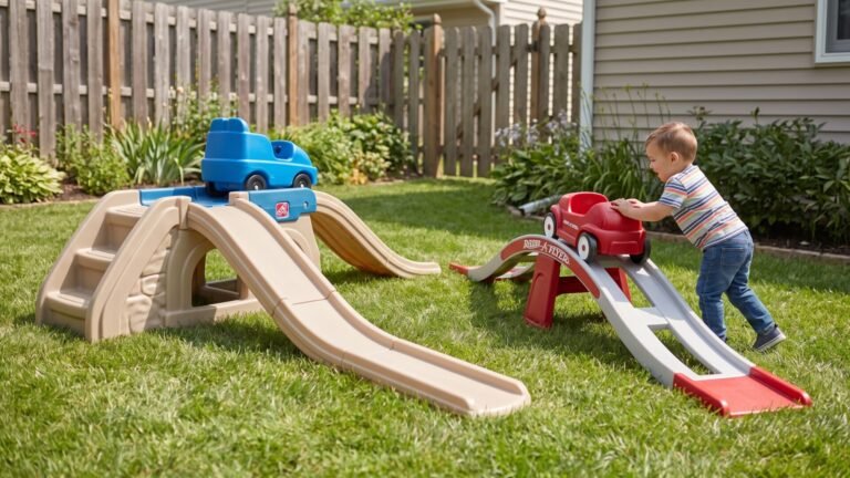 Toddler playing with a red Radio Flyer coaster next to a Step2 roller coaster track on a backyard lawn