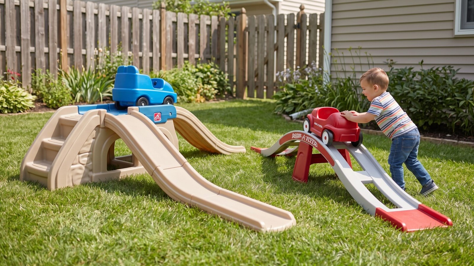 Toddler playing with a red Radio Flyer coaster next to a Step2 roller coaster track on a backyard lawn