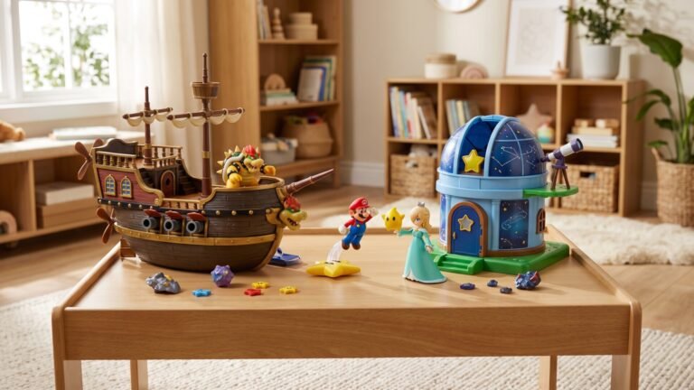 Bowser's airship toy facing Mario and Rosalina outside a cosmic observatory playset on a wooden table