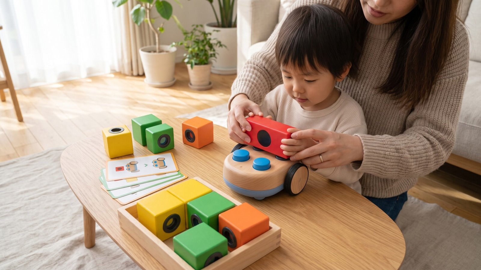 Child and adult building a tactile wheeled robot using colorful modular blocks on a low wooden table