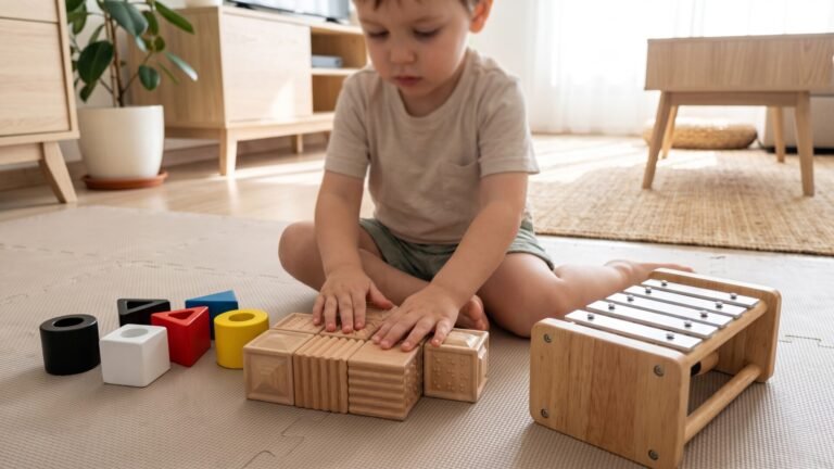 Child touching textured wooden blocks on a play mat beside colorful geometric shapes and a small xylophone