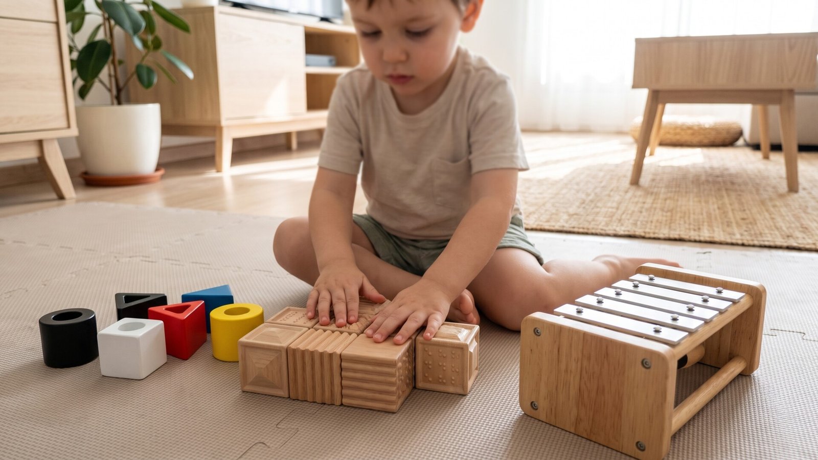 Child touching textured wooden blocks on a play mat beside colorful geometric shapes and a small xylophone