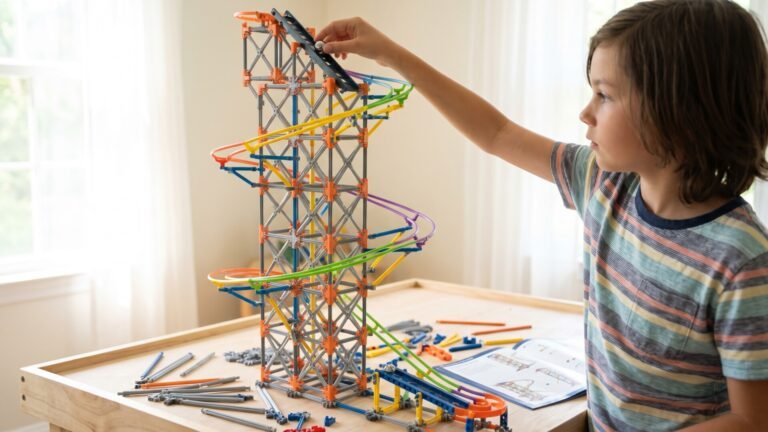 Child placing a metal marble at the top of an assembled Thames and Kosmos Sky-Hi roller coaster track