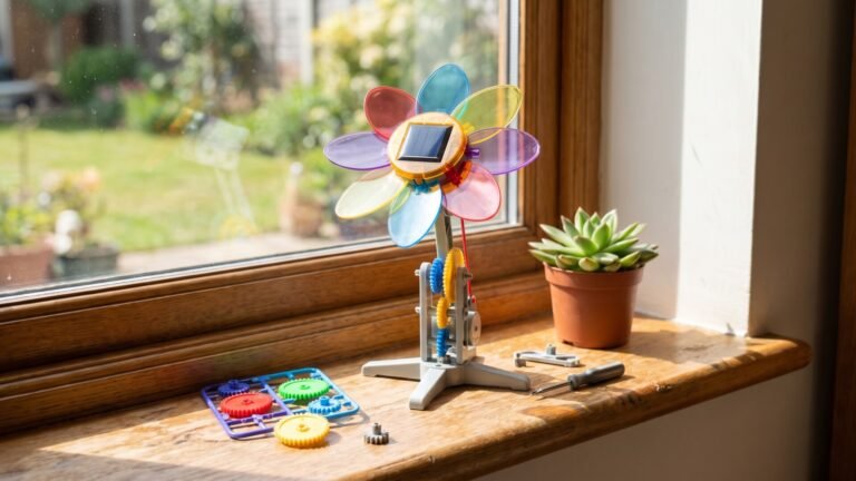 Assembled Thames and Kosmos SolarFlower science kit with colorful petals sitting on a sunny windowsill