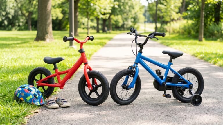 Red toddler balance bike next to a blue pedal bike with training wheels on a paved park path
