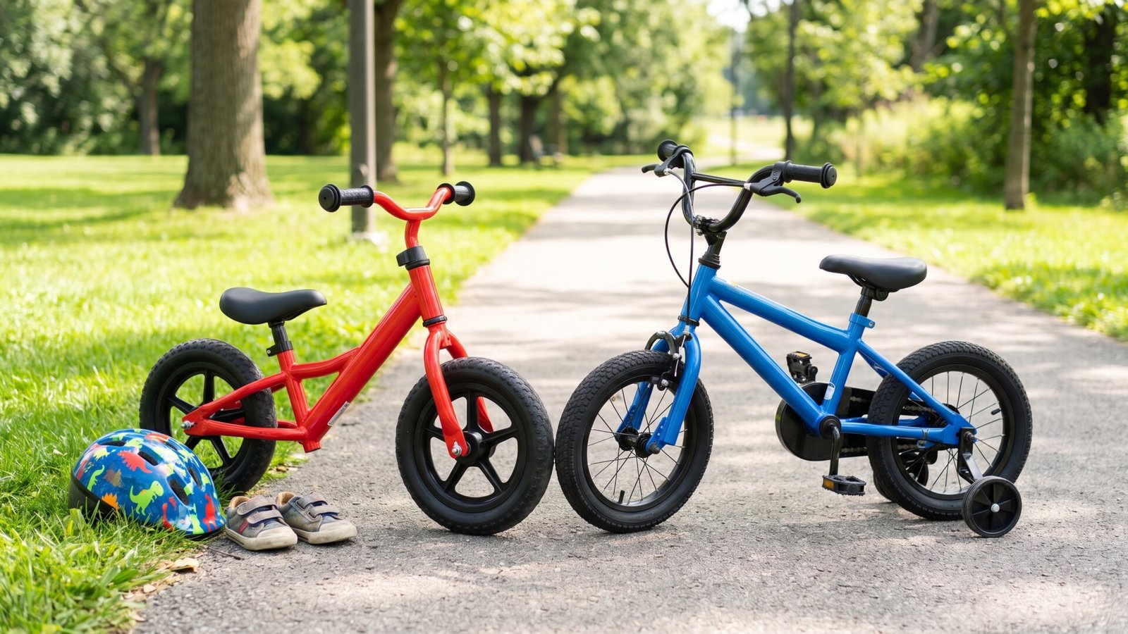 Red toddler balance bike next to a blue pedal bike with training wheels on a paved park path