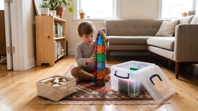 Child building a magnetic tile tower on a small living room rug with compact storage bins nearby