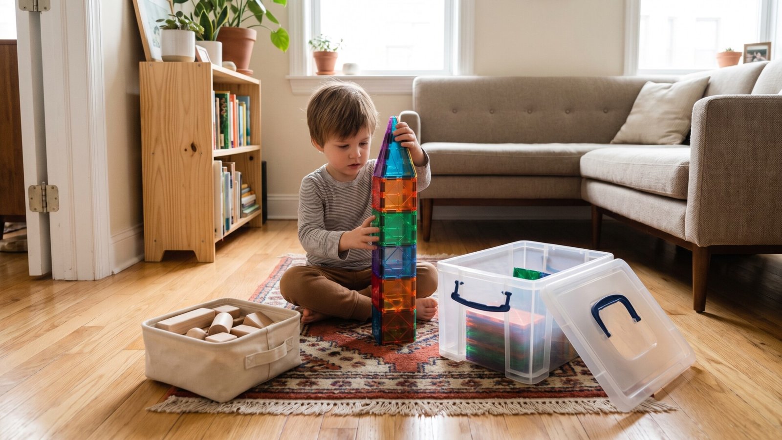 Child building a magnetic tile tower on a small living room rug with compact storage bins nearby