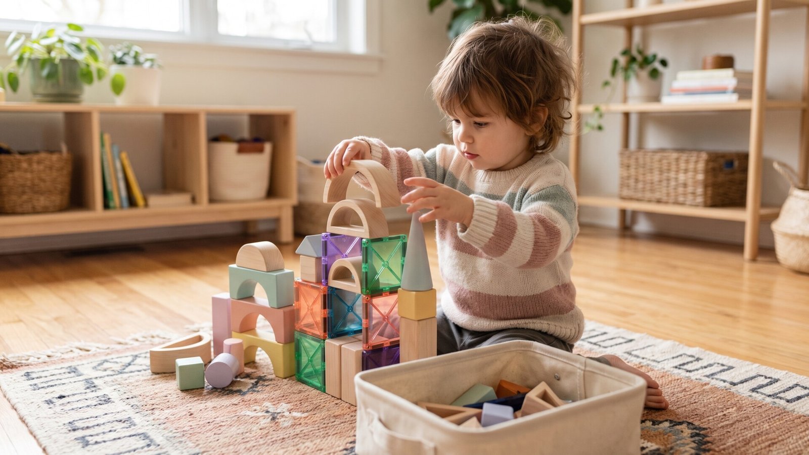 Young child stacking wooden arches and colorful magnetic tiles on a living room rug