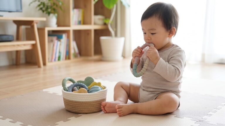 Toddler sitting on a playmat chewing a textured silicone teething ring next to a basket of chew toys