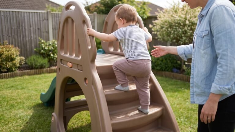 Toddler climbing the molded plastic steps of a backyard slide while a parent supervises nearby