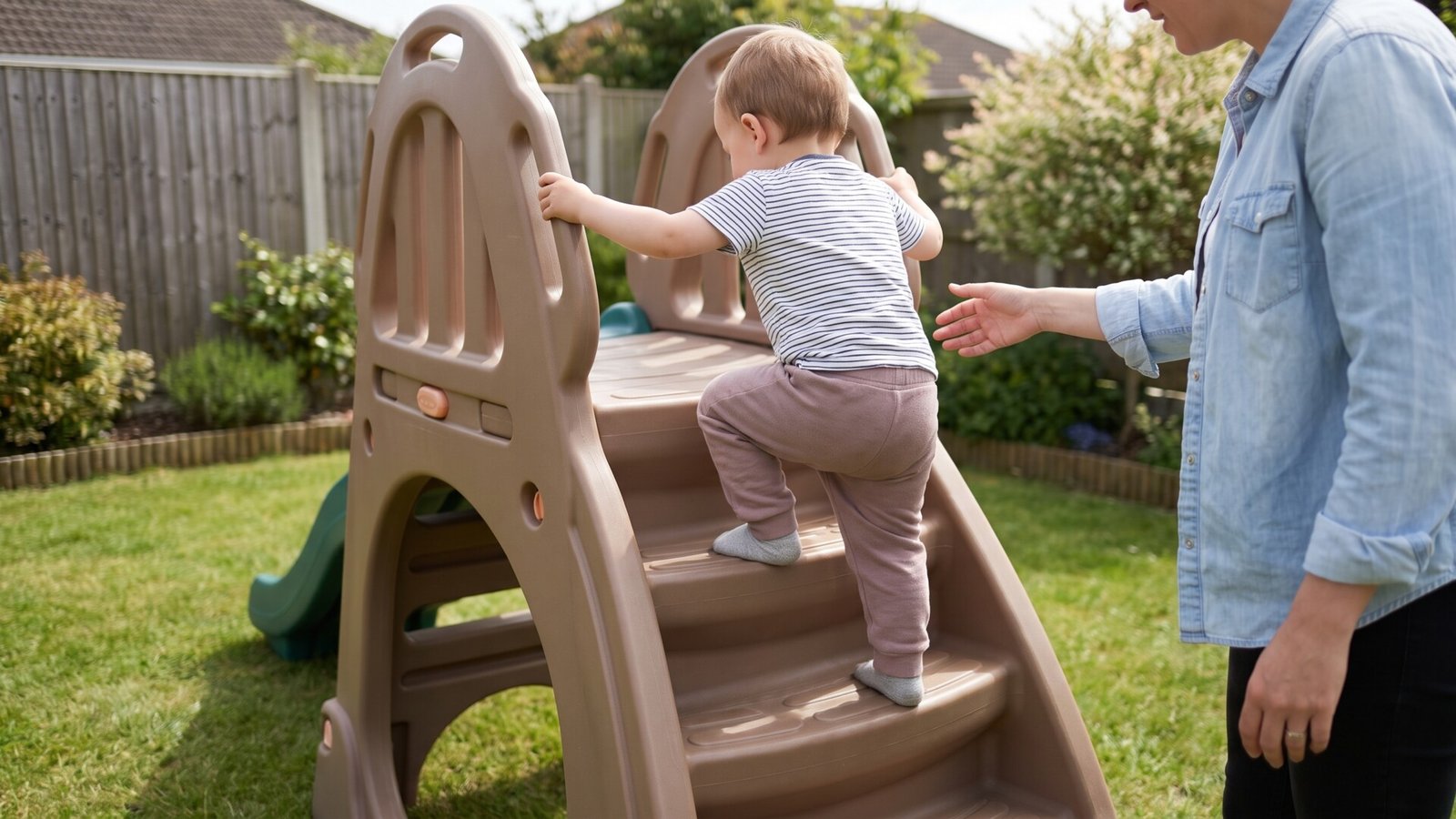 Toddler climbing the molded plastic steps of a backyard slide while a parent supervises nearby