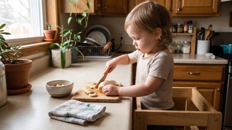 Toddler using a child-safe wooden knife to slice a banana on a cutting board at the kitchen counter