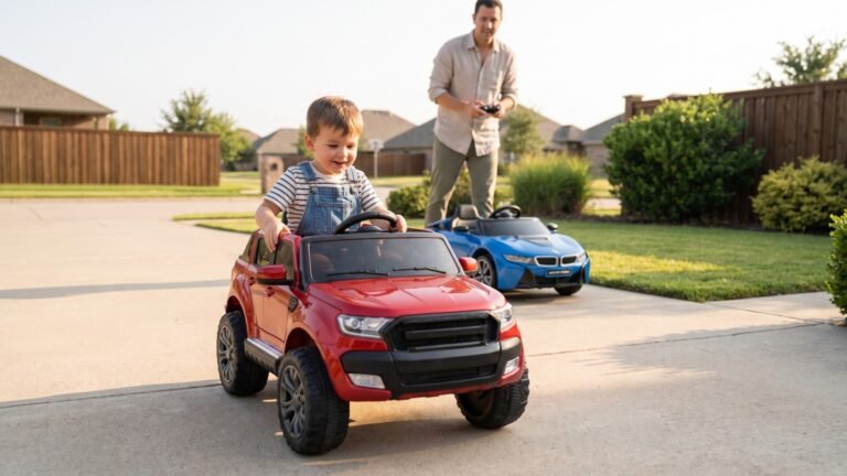Toddler driving a red electric ride-on truck on a driveway as a parent supervises with a remote control