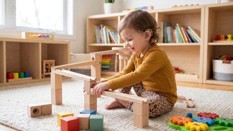 Smiling toddler wearing a colorful hearing aid builds a wooden marble run on a rug in a playroom