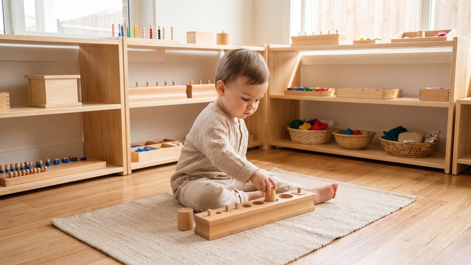 Toddler sitting on a floor mat placing wooden cylinders into a Montessori knobbed cylinder block