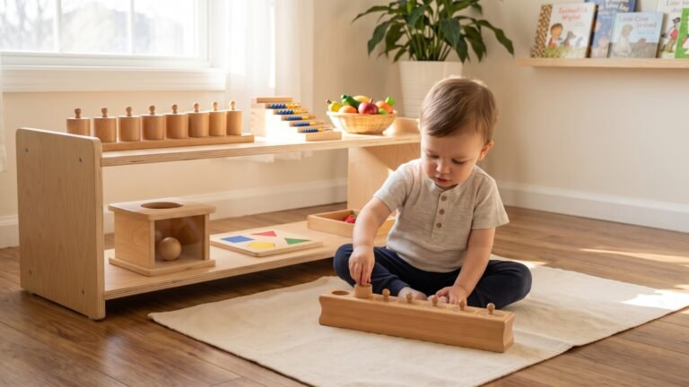 Toddler sitting on a floor mat playing with a wooden Montessori cylinder block next to a low toy shelf