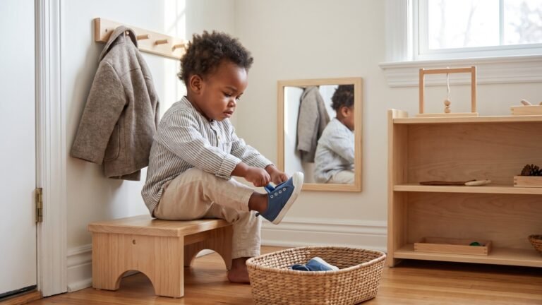 Toddler sitting on a low wooden bench putting on blue shoes in an accessible Montessori dressing nook