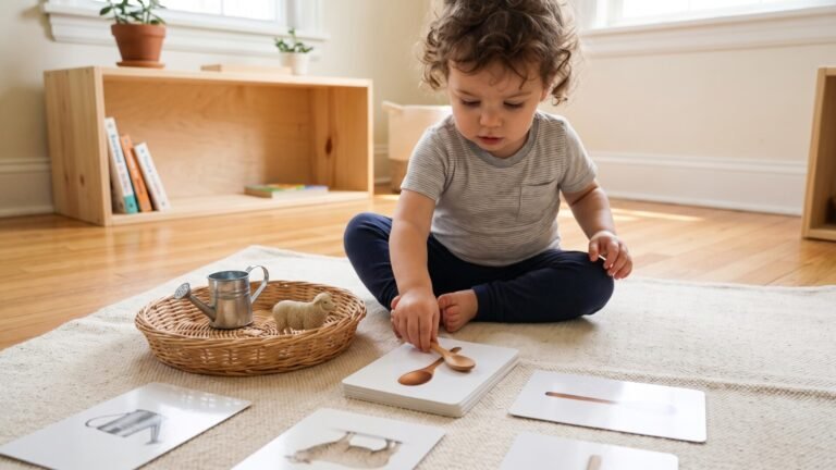 Toddler matching a small wooden spoon to an illustrated card during a Montessori pre-reading activity