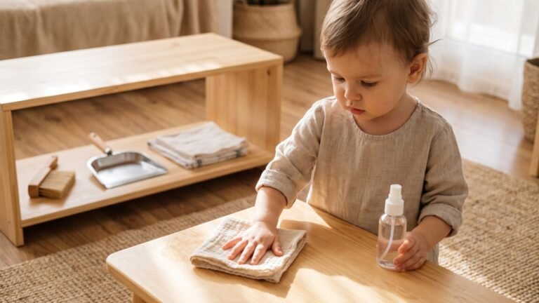 Young child wiping a low wooden table with a folded cloth and small spray bottle