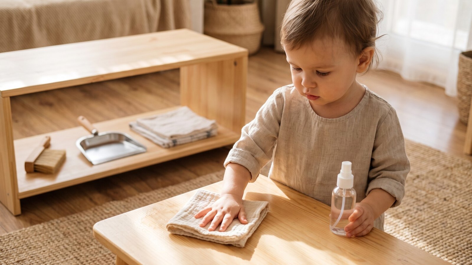 Young child wiping a low wooden table with a folded cloth and small spray bottle