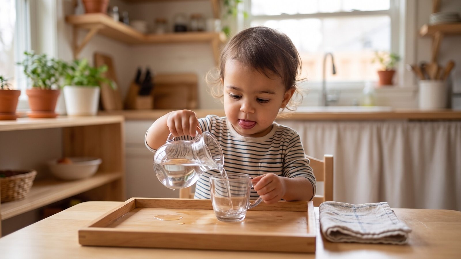 Toddler carefully pouring water from a small glass pitcher into a cup during a practical life exercise