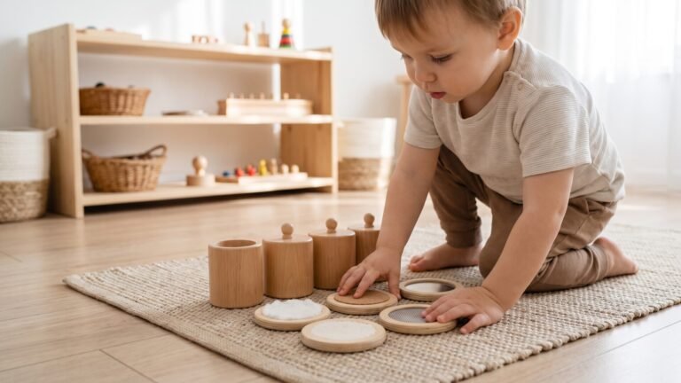 Toddler exploring wooden tactile discs and sensory containers on a woven floor mat
