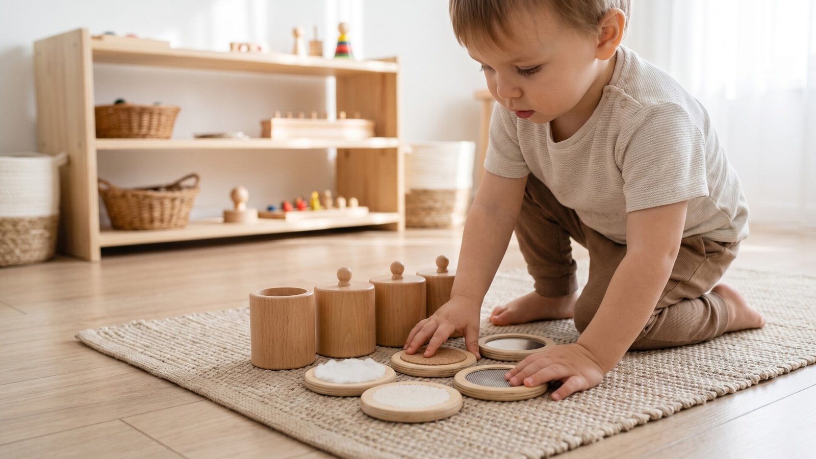 Toddler exploring wooden tactile discs and sensory containers on a woven floor mat