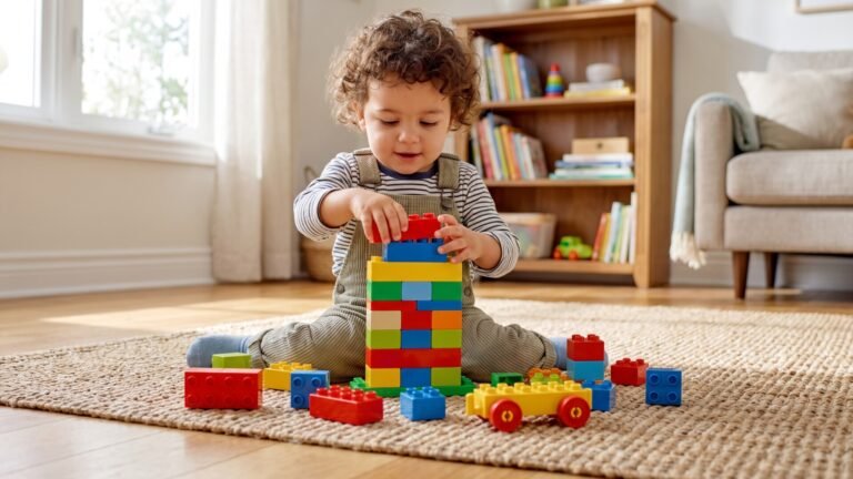Toddler sitting on a living room rug stacking colorful large plastic building blocks into a tower
