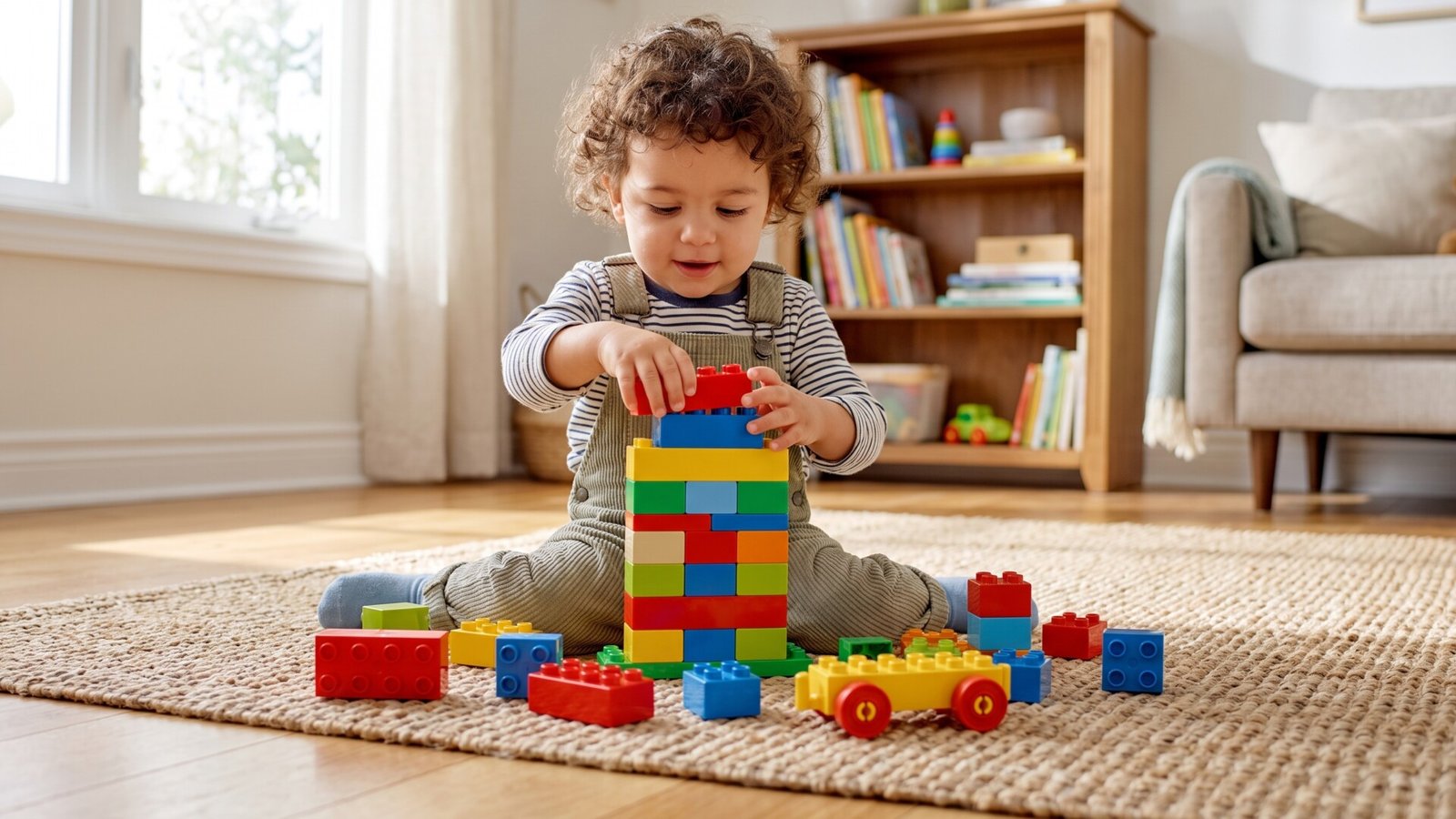 Toddler sitting on a living room rug stacking colorful large plastic building blocks into a tower