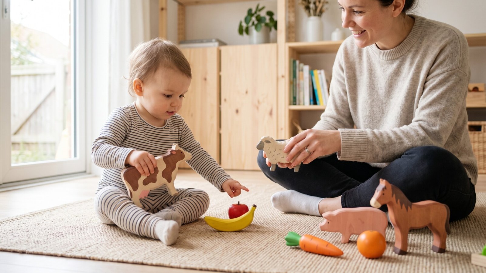 Toddler and mother playing on a rug with wooden animal toys and pretend food to encourage vocabulary