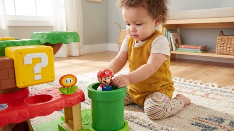 Toddler placing a Mario figure inside a green warp pipe on the Fisher-Price Little People Mario playset