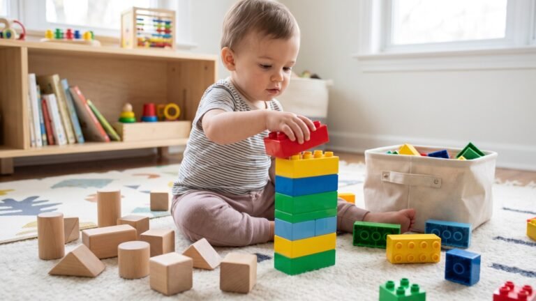 Toddler stacking colorful plastic toy bricks on a playroom rug beside wooden blocks