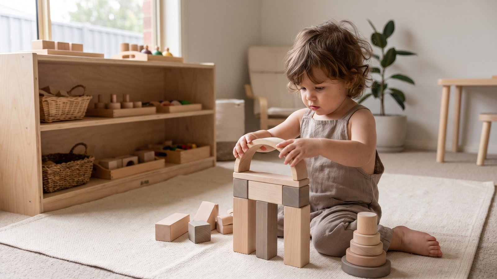 Toddler building a structure with natural wooden blocks on a play mat in a Montessori playroom