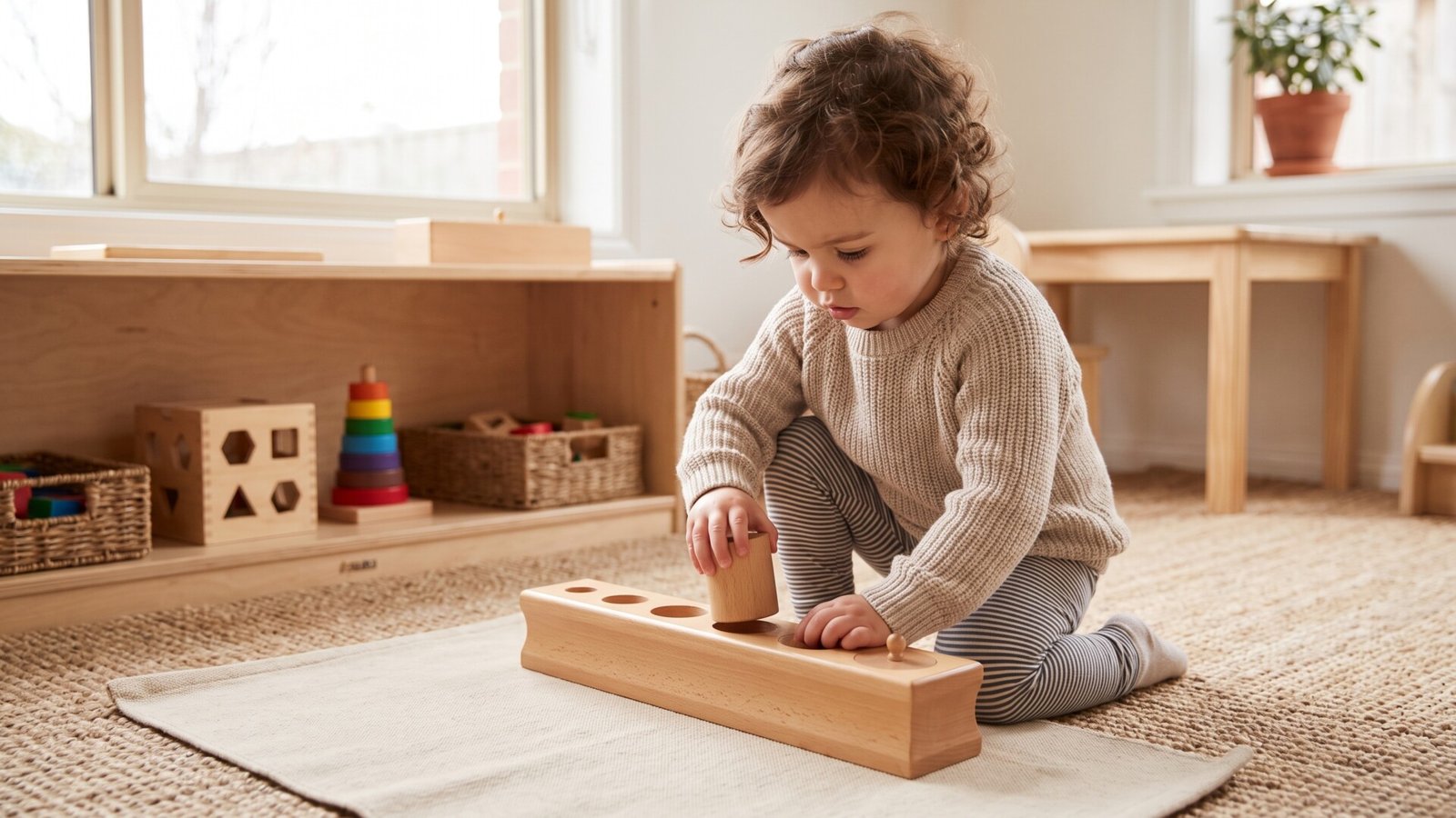 Toddler kneeling on a mat and fitting wooden cylinders into a Montessori cylinder block in a bright playroom