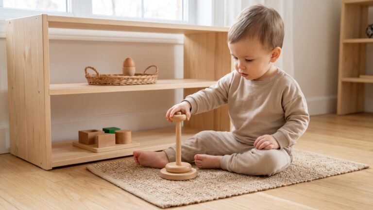 Toddler sitting on a floor mat placing wooden rings onto a vertical peg in a Montessori playroom