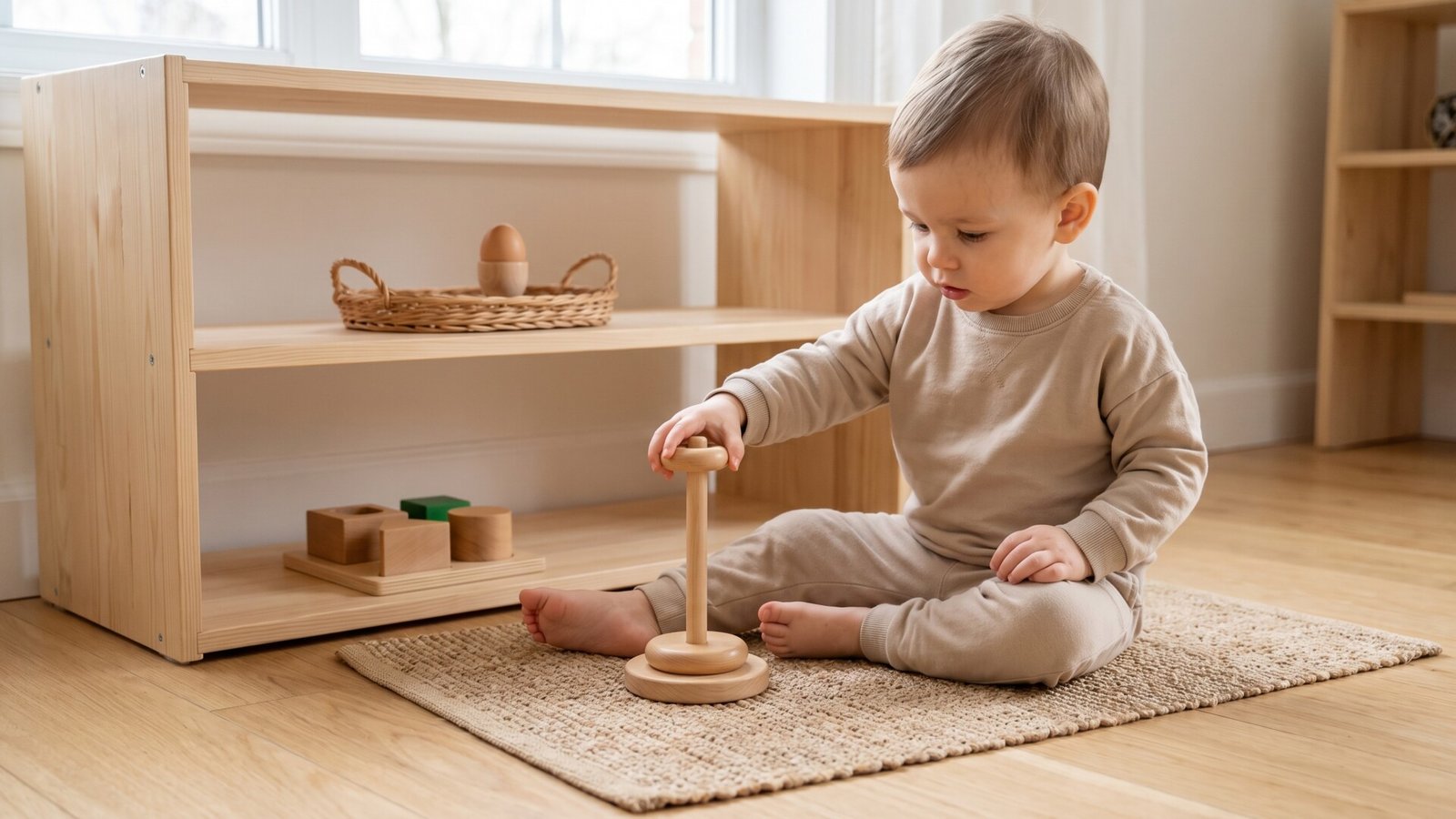 Toddler sitting on a floor mat placing wooden rings onto a vertical peg in a Montessori playroom
