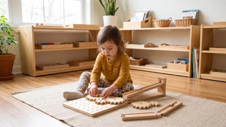 Toddler assembling wooden gears and ramps on a rug in a Montessori playroom