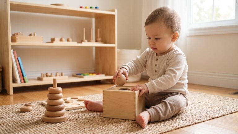 Toddler sitting on a floor mat playing with a wooden object permanence box and stacking rings