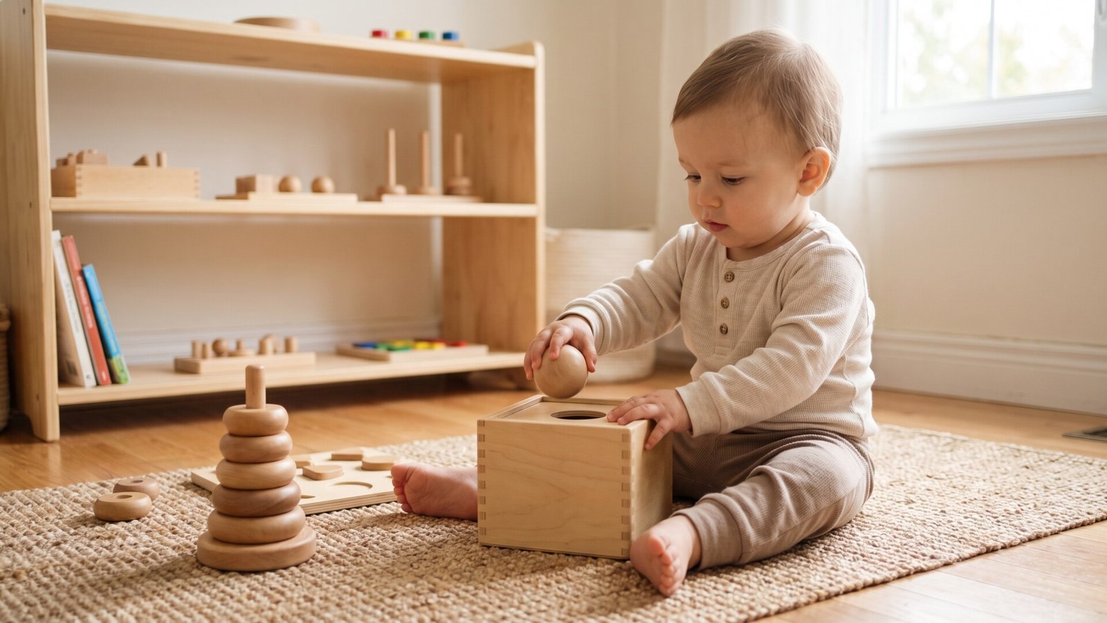 Toddler sitting on a floor mat playing with a wooden object permanence box and stacking rings