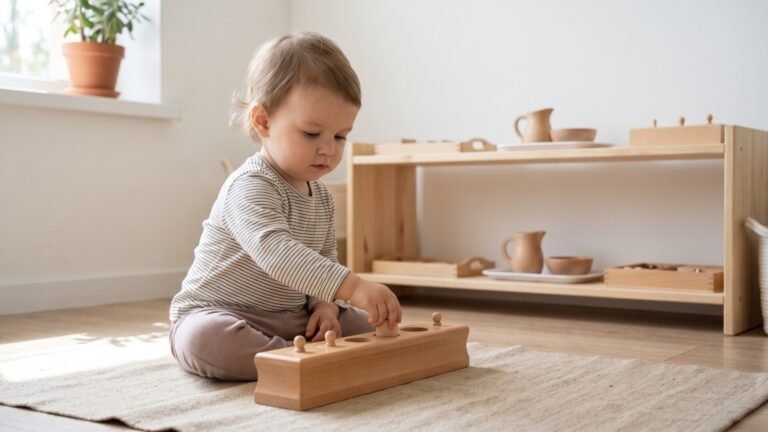 Toddler sitting on a floor mat playing with a wooden Montessori cylinder block in a bright room
